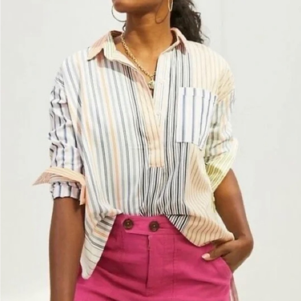 Anthropologie Maeve Colorful High Low Striped Shirt Oversized Size Small Top